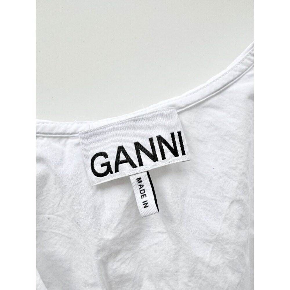 GANNI White Cotton Poplin V-Neck Frill Collar Button Up Shirt Blouse, Size 32/0 - Picture 13 of 16